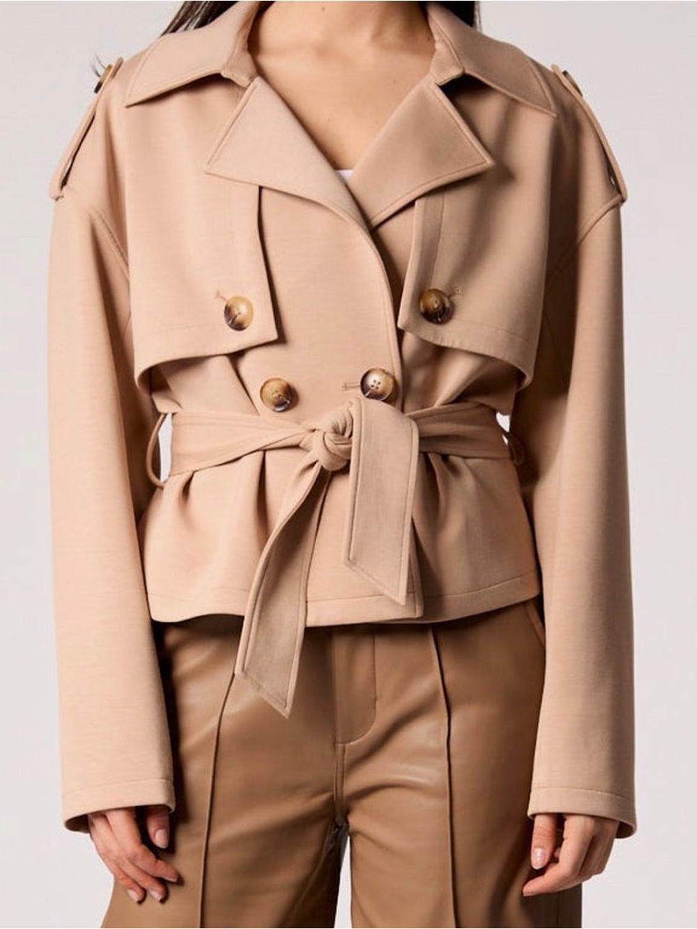 Cropped Belted Trench Jacket in Tan